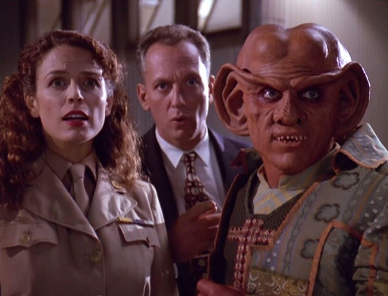 Nurse Faith Garland (Megan Gallagher) and Quark (Armin Shimerman) in “Little Green Men”